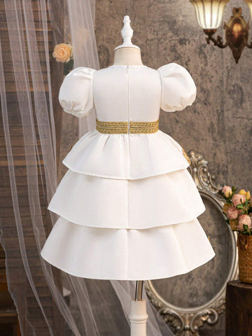 Young Girl Woven Solid Color Round Neck Bubble Sleeve Loose Casual Dress