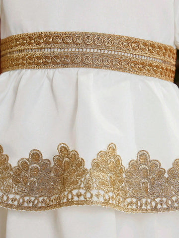 Young Girl Woven Solid Color Round Neck Bubble Sleeve Loose Casual Dress