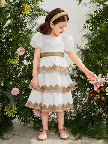 Young Girl Woven Solid Color Round Neck Bubble Sleeve Loose Casual Dress