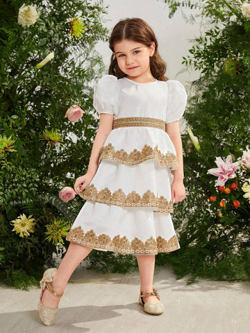 Young Girl Woven Solid Color Round Neck Bubble Sleeve Loose Casual Dress