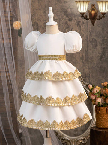 Young Girl Woven Solid Color Round Neck Bubble Sleeve Loose Casual Dress