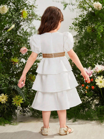 Young Girl Woven Solid Color Round Neck Bubble Sleeve Loose Casual Dress