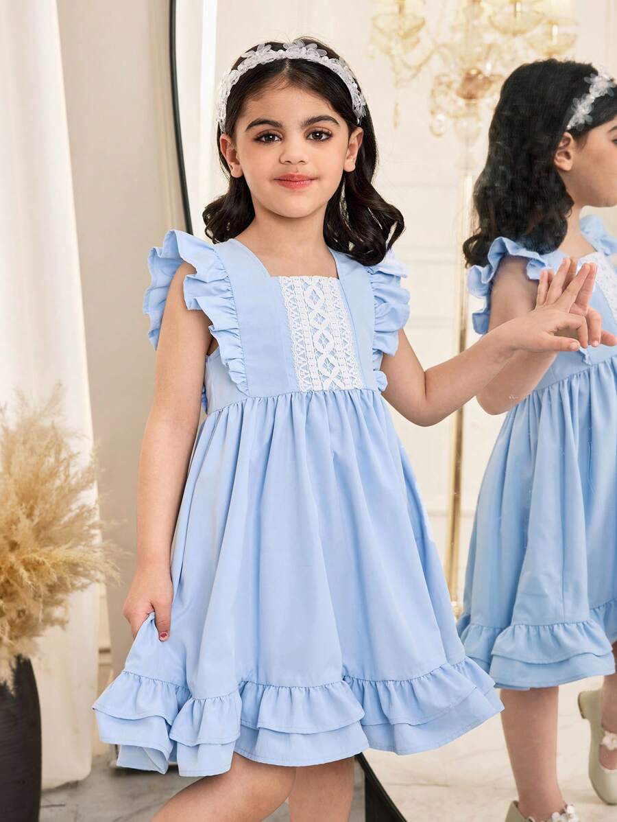 Young Girl Woven Solid Color Round Neck Ruffle Hem Fitted Dress