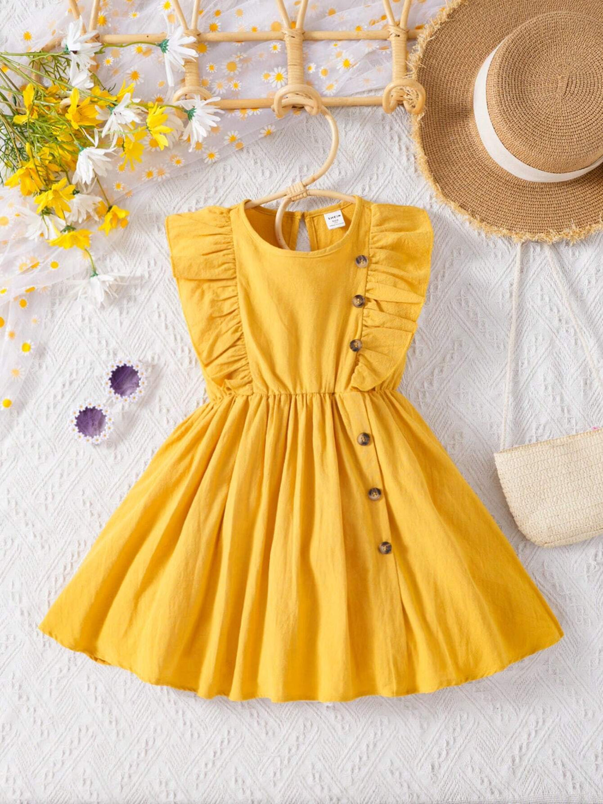 Young Girl Woven Solid Color Round Neck Ruffle Trim One-Piece Casual Dress