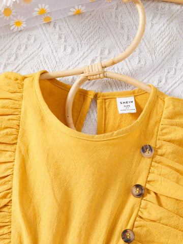 Young Girl Woven Solid Color Round Neck Ruffle Trim One-Piece Casual Dress