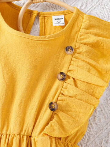 Young Girl Woven Solid Color Round Neck Ruffle Trim One-Piece Casual Dress