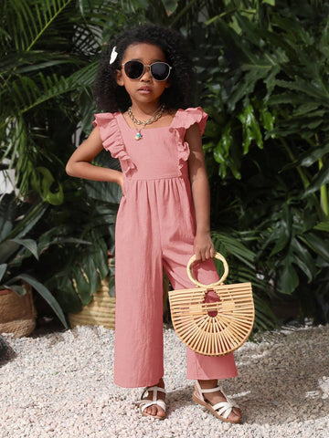 Young Girl Woven Solid Color Sleeveless Ruffle Hem Casual Loose Jumpsuit