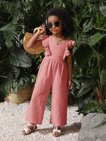 Young Girl Woven Solid Color Sleeveless Ruffle Hem Casual Loose Jumpsuit