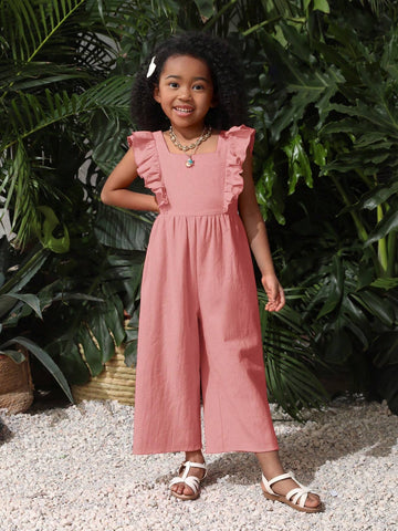 Young Girl Woven Solid Color Sleeveless Ruffle Hem Casual Loose Jumpsuit