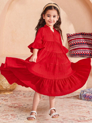 Young Girl Woven Solid V-Neck Fitted Casual Dress