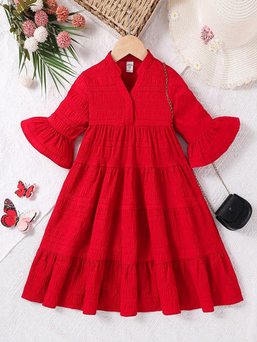 Young Girl Woven Solid V-Neck Fitted Casual Dress
