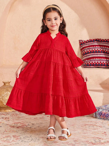 Young Girl Woven Solid V-Neck Fitted Casual Dress