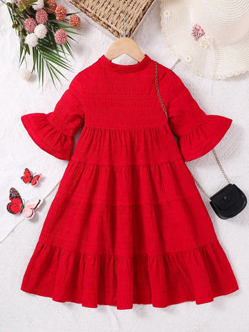 Young Girl Woven Solid V-Neck Fitted Casual Dress