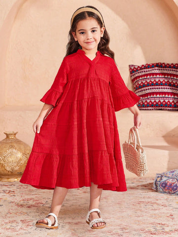 Young Girl Woven Solid V-Neck Fitted Casual Dress