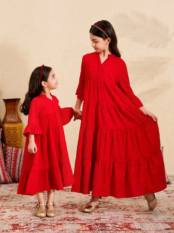 Young Girl Woven Solid V-Neck Fitted Casual Dress