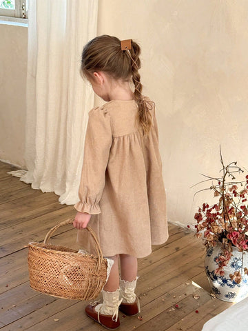 Young Girl Woven Solid & Ditsy Floral Round Neck Fitted Casual Dress
