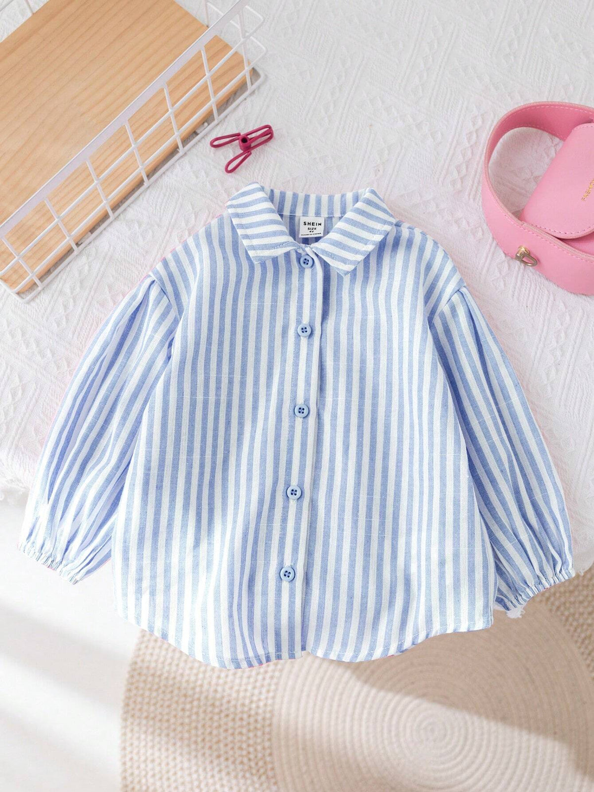 Young Girl Woven Stripe Lapel Loose Long Sleeve Casual Shirt