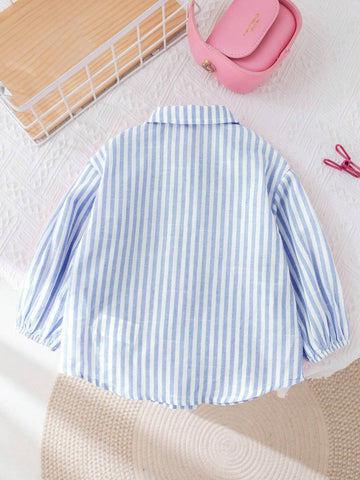 Young Girl Woven Stripe Lapel Loose Long Sleeve Casual Shirt