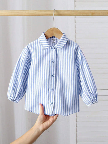 Young Girl Woven Stripe Lapel Loose Long Sleeve Casual Shirt