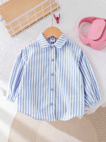 Young Girl Woven Stripe Lapel Loose Long Sleeve Casual Shirt