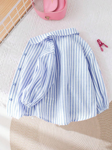 Young Girl Woven Stripe Lapel Loose Long Sleeve Casual Shirt