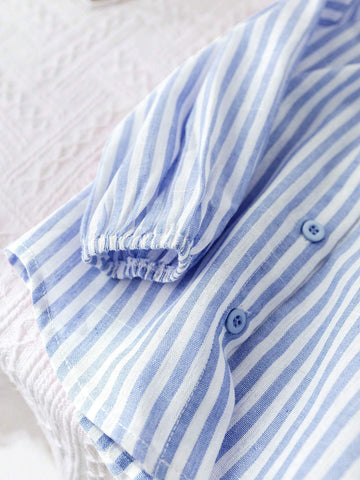 Young Girl Woven Stripe Lapel Loose Long Sleeve Casual Shirt