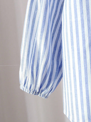 Young Girl Woven Stripe Lapel Loose Long Sleeve Casual Shirt