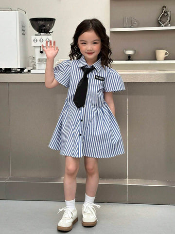 Young Girl Woven Striped Collar Fitted Casual Tie Neck Dress