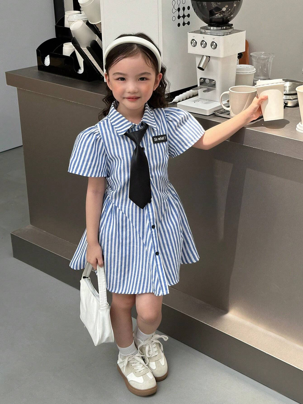 Young Girl Woven Striped Collar Fitted Casual Tie Neck Dress