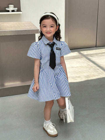 Young Girl Woven Striped Collar Fitted Casual Tie Neck Dress