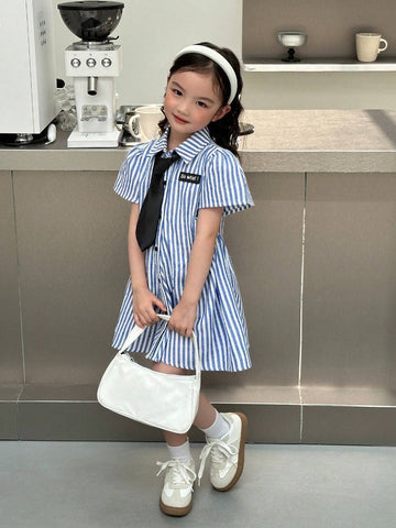 Young Girl Woven Striped Collar Fitted Casual Tie Neck Dress