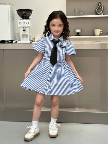 Young Girl Woven Striped Collar Fitted Casual Tie Neck Dress