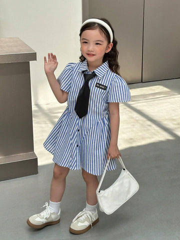 Young Girl Woven Striped Collar Fitted Casual Tie Neck Dress