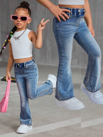 Young Girl Y2K Retro Blue Denim Elastic Flare Pants,Girl Fall And Winter Clothes,Cute Bell Bottoms Denim Jeans