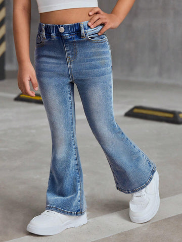Young Girl Y2K Retro Blue Denim Elastic Flare Pants,Girl Fall And Winter Clothes,Cute Bell Bottoms Denim Jeans