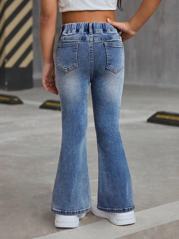 Young Girl Y2K Retro Blue Denim Elastic Flare Pants,Girl Fall And Winter Clothes,Cute Bell Bottoms Denim Jeans