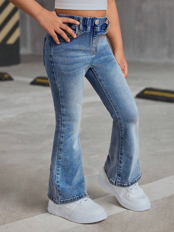 Young Girl Y2K Retro Blue Denim Elastic Flare Pants,Girl Fall And Winter Clothes,Cute Bell Bottoms Denim Jeans