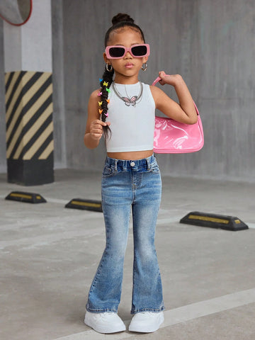 Young Girl Y2K Retro Blue Denim Elastic Flare Pants,Girl Fall And Winter Clothes,Cute Bell Bottoms Denim Jeans