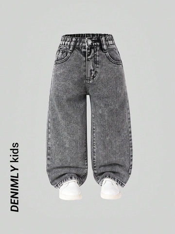 Young Girl Y2K Street Daily Elastic Waist Straight Jeans With Flat Pockets, Girls Daily OOTD Outfits