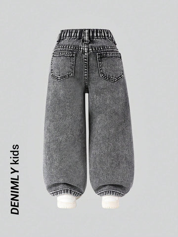 Young Girl Y2K Street Daily Elastic Waist Straight Jeans With Flat Pockets, Girls Daily OOTD Outfits