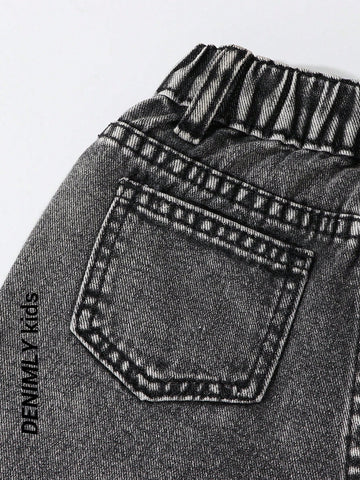 Young Girl Y2K Street Daily Elastic Waist Straight Jeans With Flat Pockets, Girls Daily OOTD Outfits