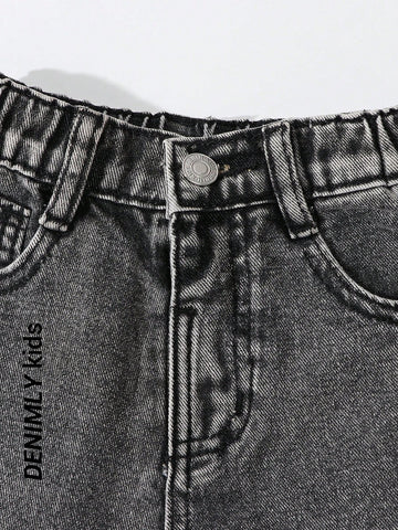 Young Girl Y2K Street Daily Elastic Waist Straight Jeans With Flat Pockets, Girls Daily OOTD Outfits