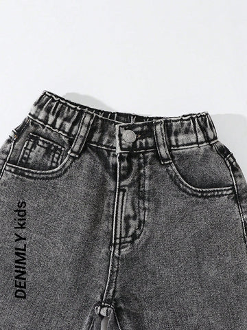 Young Girl Y2K Street Daily Elastic Waist Straight Jeans With Flat Pockets, Girls Daily OOTD Outfits