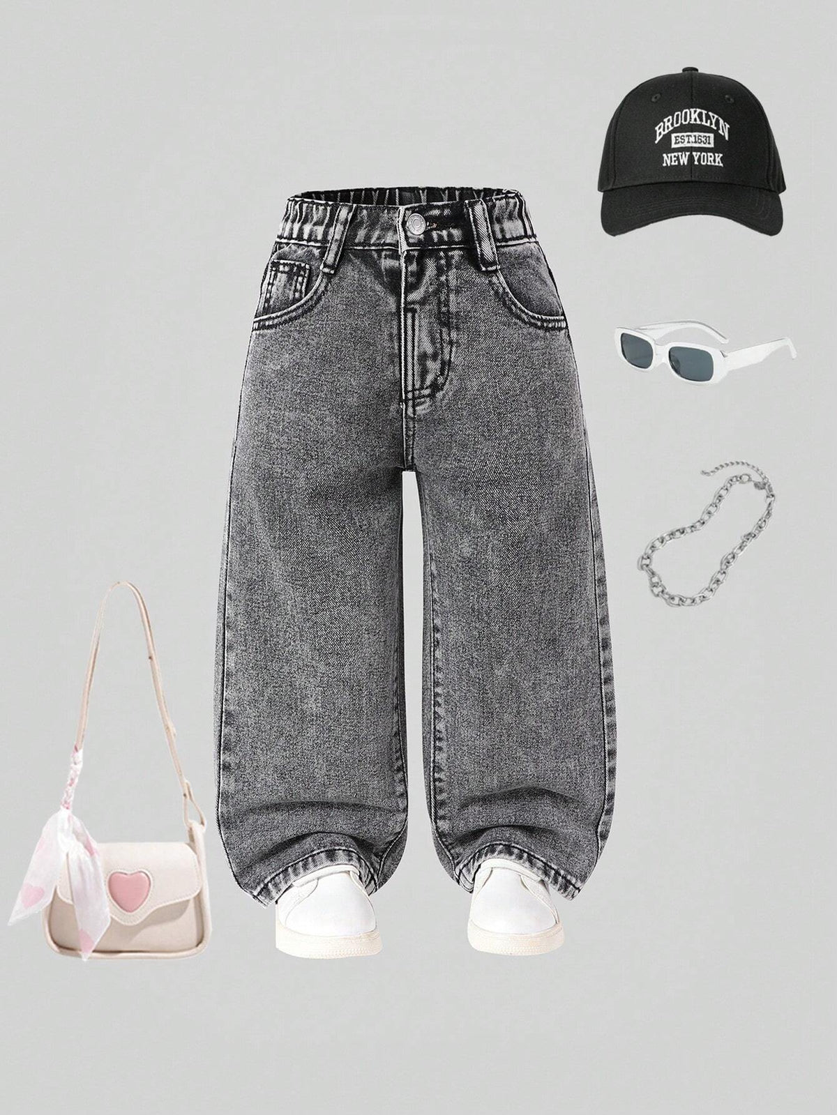 Young Girl Y2K Street Daily Elastic Waist Straight Jeans With Flat Pockets, Girls Daily OOTD Outfits