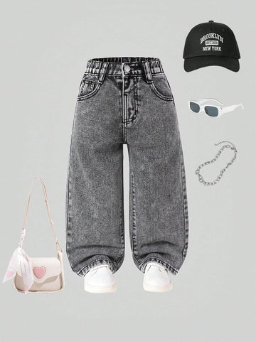 Young Girl Y2K Street Daily Elastic Waist Straight Jeans With Flat Pockets, Girls Daily OOTD Outfits