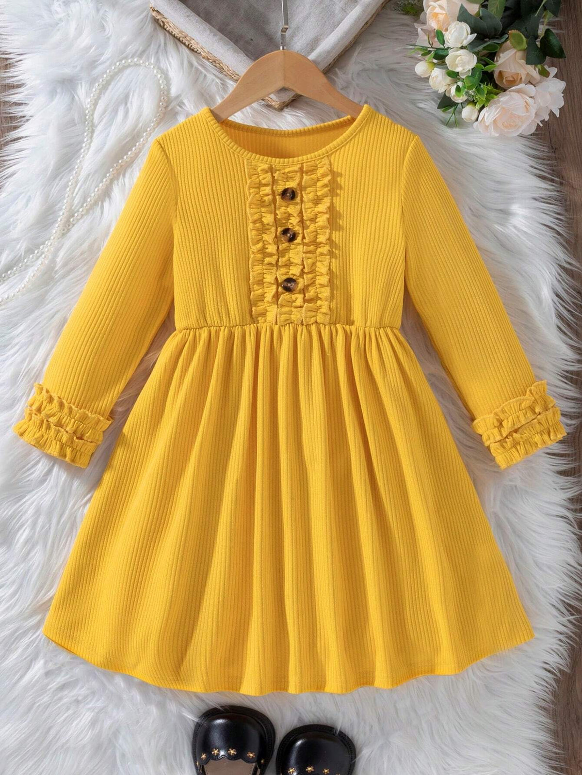 Young Girl' Yellow Dress With Frill Trim Cuff & Front Button Design, Casual Fashion Trend For Autumn & Winter