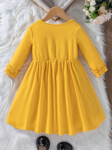 Young Girl' Yellow Dress With Frill Trim Cuff & Front Button Design, Casual Fashion Trend For Autumn & Winter
