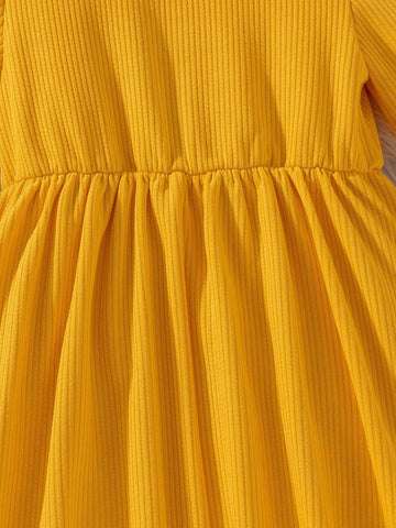 Young Girl' Yellow Dress With Frill Trim Cuff & Front Button Design, Casual Fashion Trend For Autumn & Winter