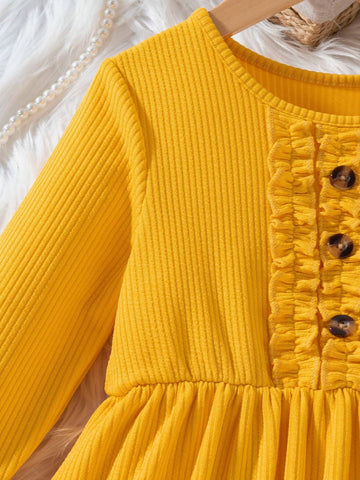 Young Girl' Yellow Dress With Frill Trim Cuff & Front Button Design, Casual Fashion Trend For Autumn & Winter