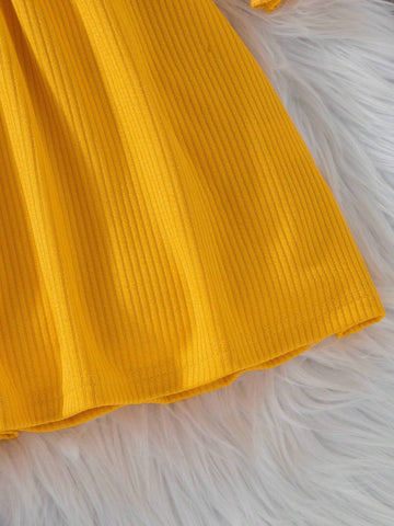 Young Girl' Yellow Dress With Frill Trim Cuff & Front Button Design, Casual Fashion Trend For Autumn & Winter